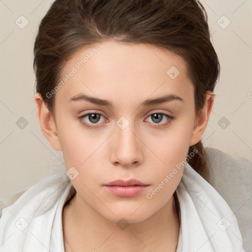 Neutral white young-adult female with medium  brown hair and brown eyes