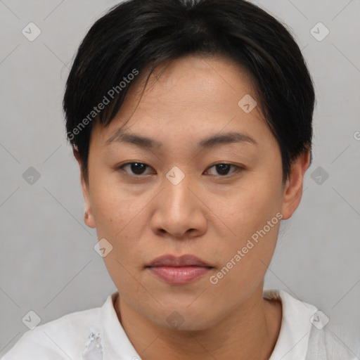 Joyful asian young-adult female with short  brown hair and brown eyes