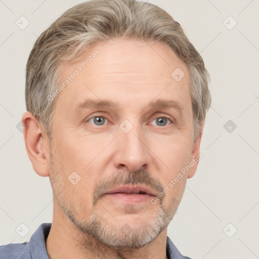 Neutral white adult male with short  brown hair and grey eyes