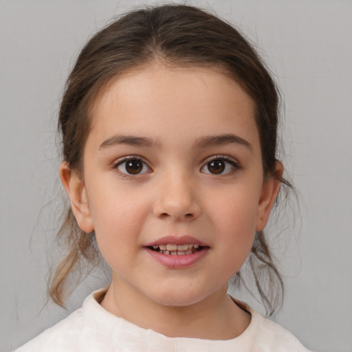 Joyful white child female with medium  brown hair and brown eyes