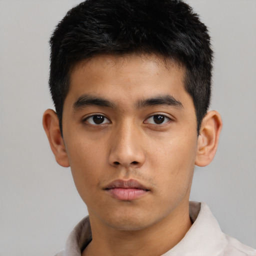 Neutral asian young-adult male with short  brown hair and brown eyes