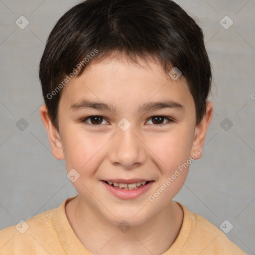 Joyful white child male with short  brown hair and brown eyes