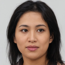 Neutral asian young-adult female with long  brown hair and brown eyes