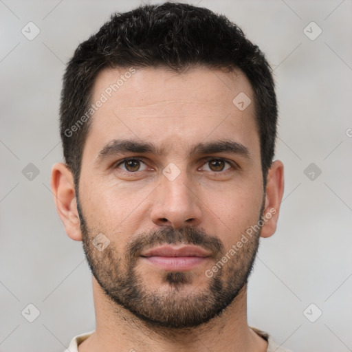 Neutral white young-adult male with short  brown hair and brown eyes