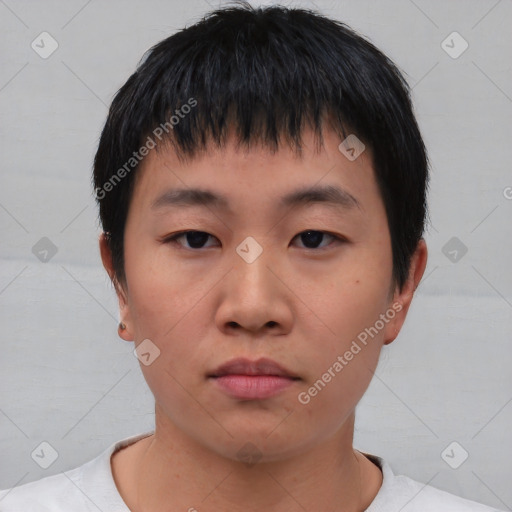 Neutral asian young-adult male with short  brown hair and brown eyes