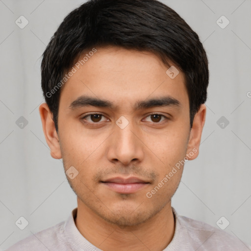 Neutral asian young-adult male with short  black hair and brown eyes