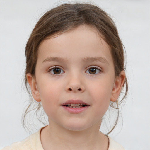 Joyful white child female with medium  brown hair and brown eyes