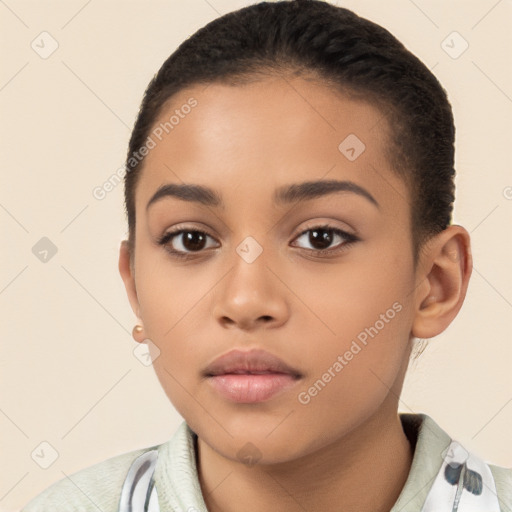 Neutral latino young-adult female with short  brown hair and brown eyes