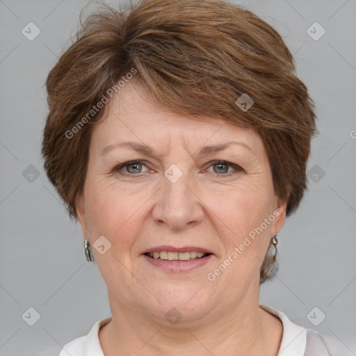 Joyful white adult female with short  brown hair and brown eyes