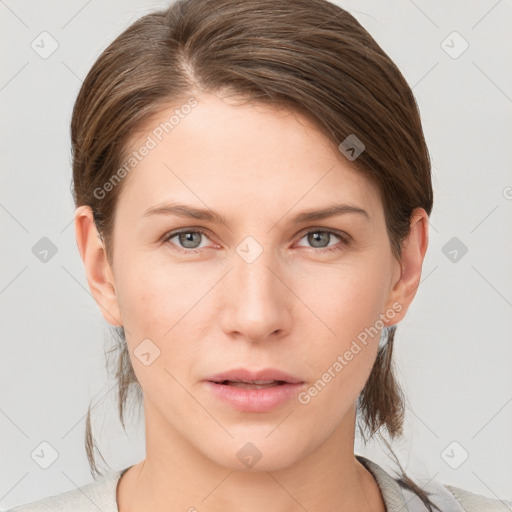 Neutral white young-adult female with medium  brown hair and grey eyes