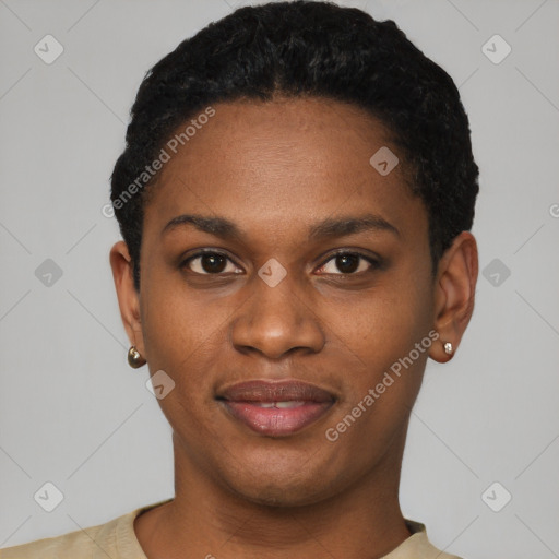 Joyful latino young-adult female with short  black hair and brown eyes