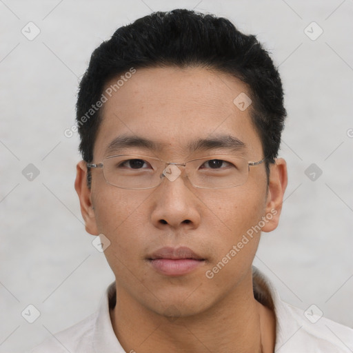 Neutral asian young-adult male with short  black hair and brown eyes