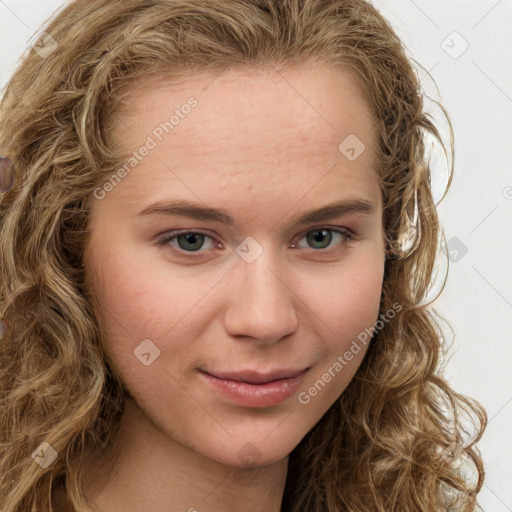 Joyful white young-adult female with long  brown hair and green eyes