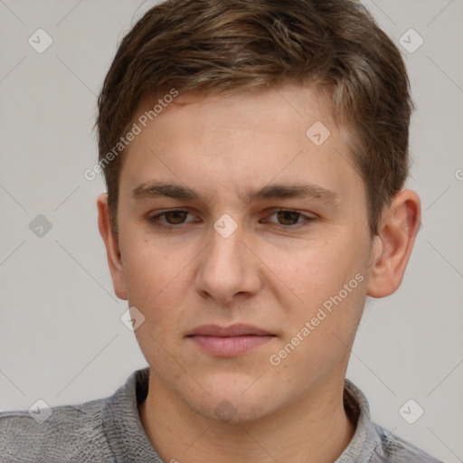 Neutral white young-adult male with short  brown hair and grey eyes