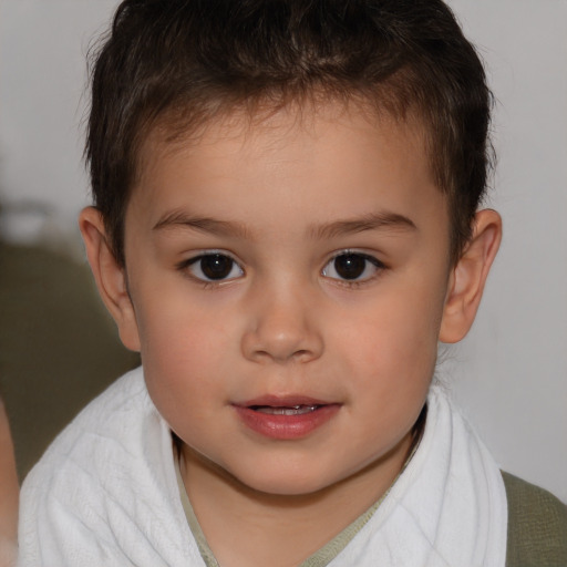 Joyful white child female with short  brown hair and brown eyes