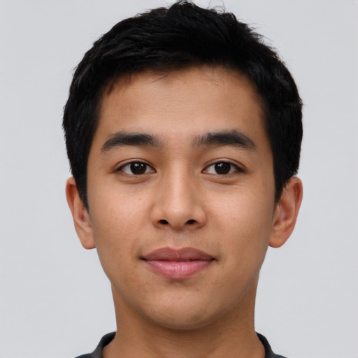 Neutral asian young-adult male with short  black hair and brown eyes