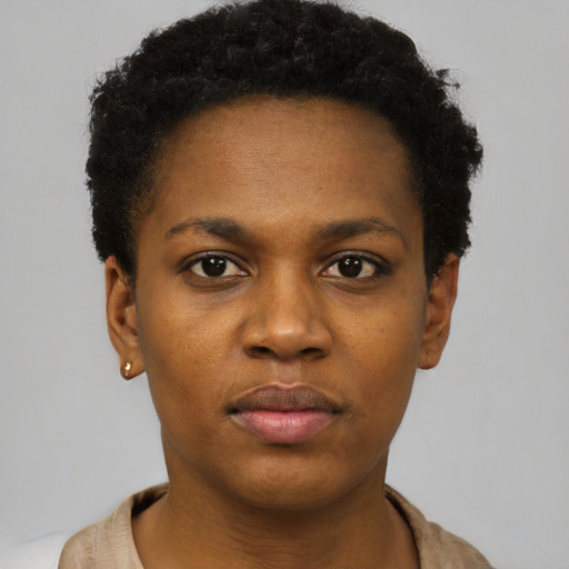 Neutral black young-adult female with short  black hair and brown eyes