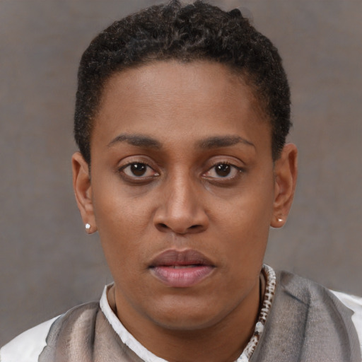Neutral black young-adult female with short  brown hair and brown eyes