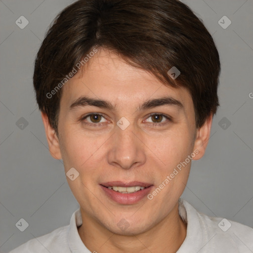 Joyful white young-adult female with short  brown hair and brown eyes