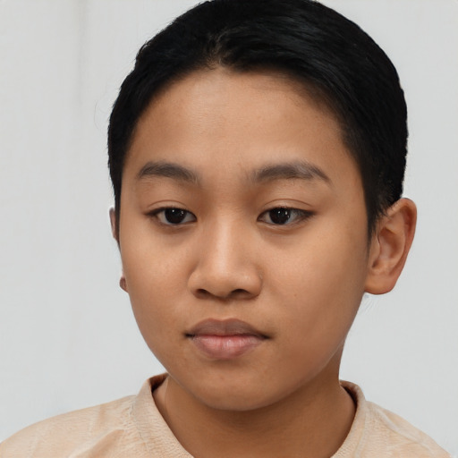 Neutral asian young-adult female with short  black hair and brown eyes