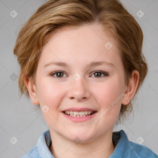 Joyful white child female with medium  brown hair and blue eyes