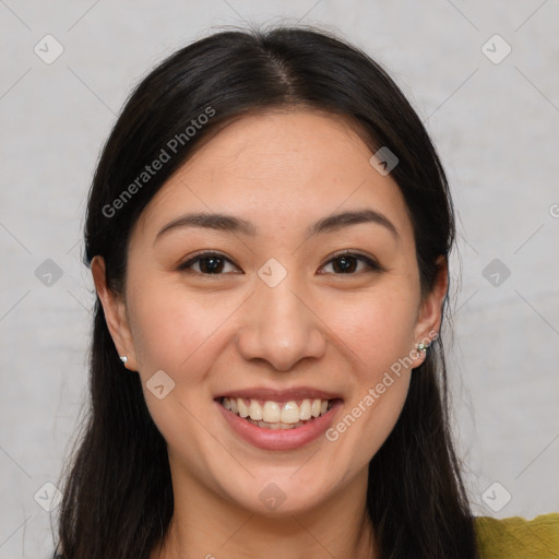 Joyful white young-adult female with long  brown hair and brown eyes