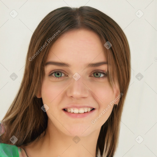 Joyful white young-adult female with long  brown hair and green eyes