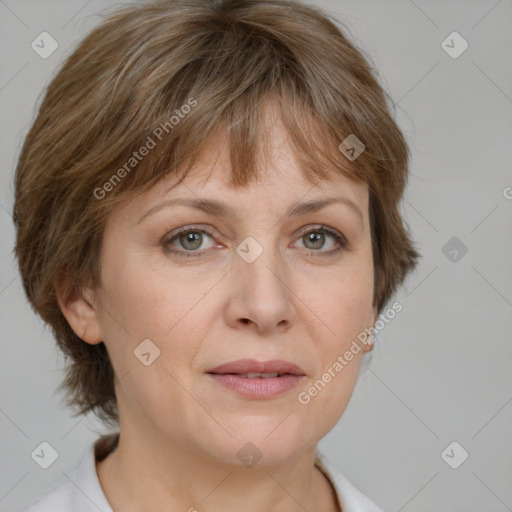 Joyful white adult female with medium  brown hair and grey eyes