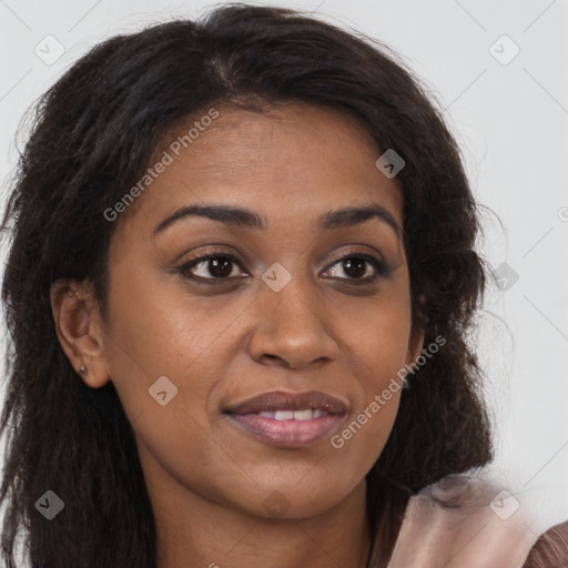 Joyful latino young-adult female with long  brown hair and brown eyes