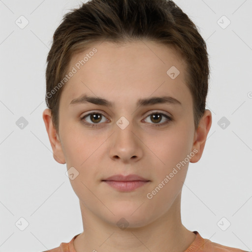 Neutral white young-adult female with short  brown hair and brown eyes