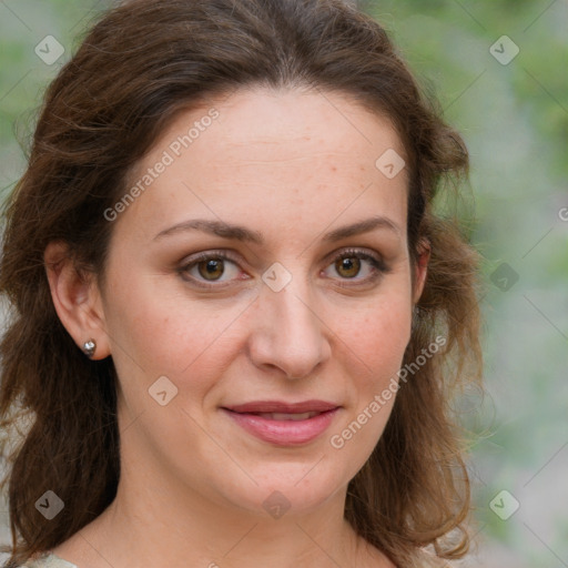 Joyful white young-adult female with medium  brown hair and green eyes