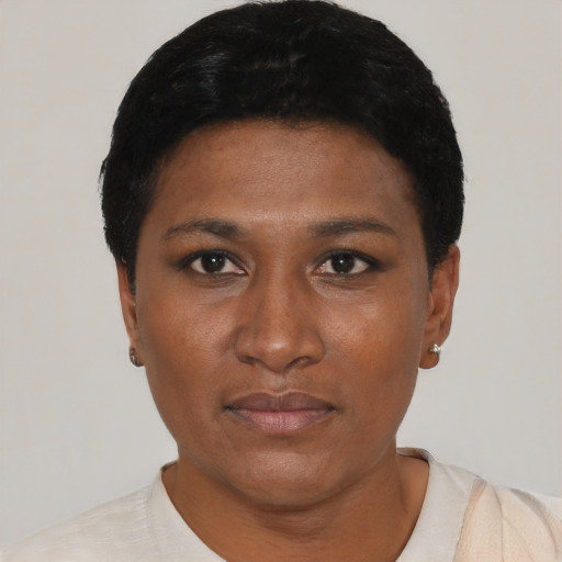 Neutral black young-adult female with short  black hair and brown eyes