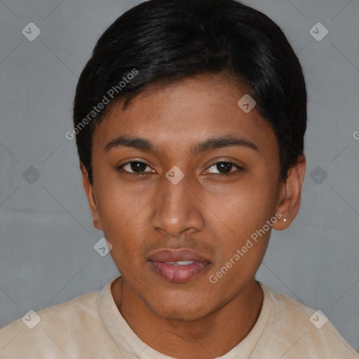 Neutral asian young-adult female with short  black hair and brown eyes