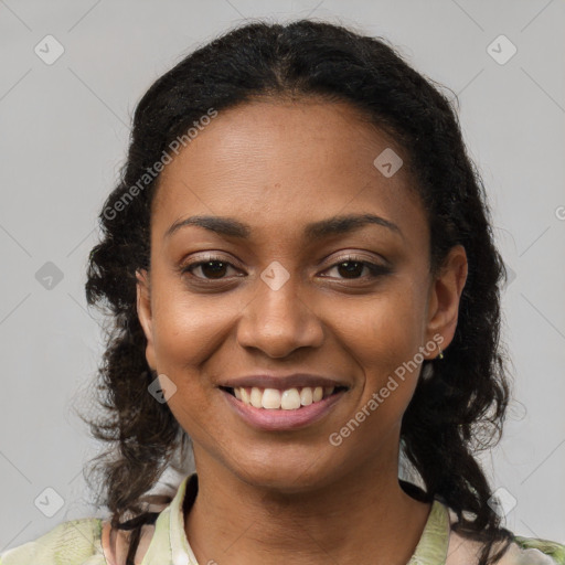 Joyful black young-adult female with medium  brown hair and brown eyes