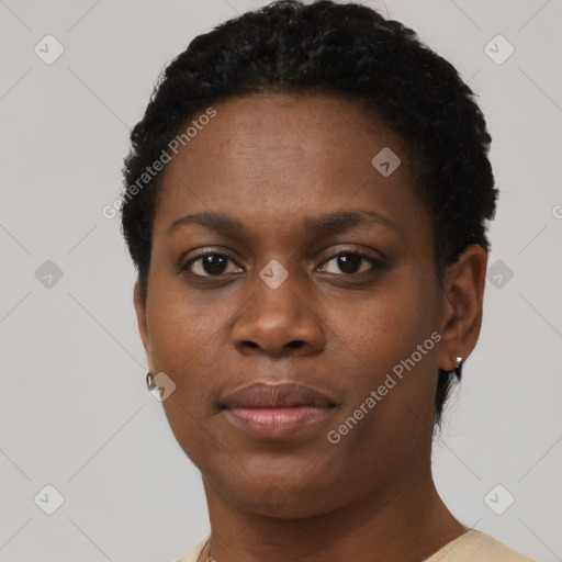 Neutral black young-adult female with short  black hair and brown eyes