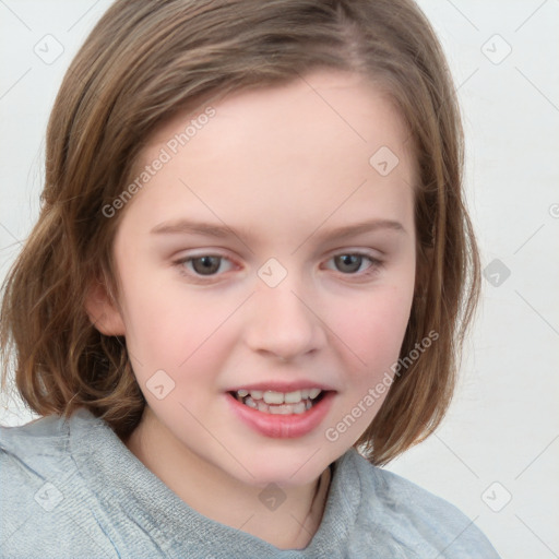 Joyful white child female with medium  brown hair and grey eyes