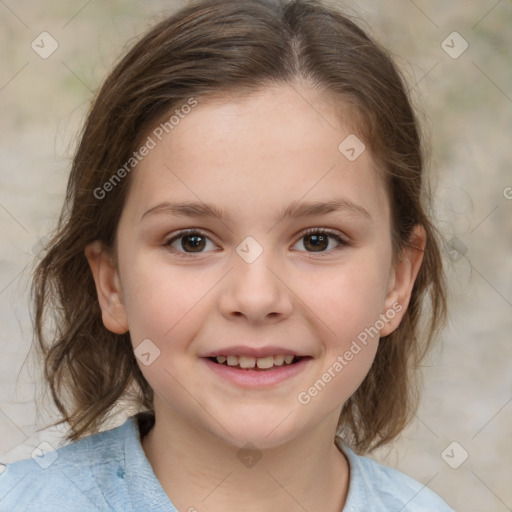 Joyful white child female with medium  brown hair and brown eyes