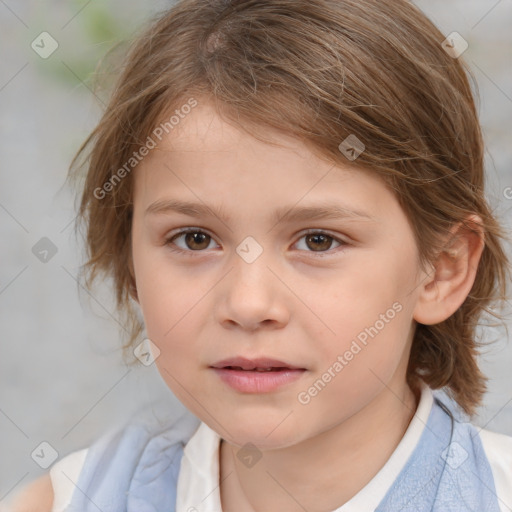 Joyful white child female with medium  brown hair and brown eyes