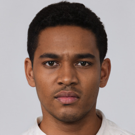 Neutral black young-adult male with short  black hair and brown eyes