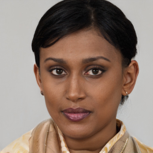 Neutral black young-adult female with short  brown hair and brown eyes