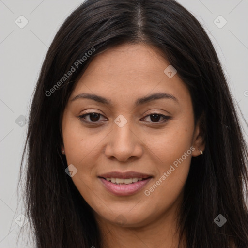 Joyful asian young-adult female with long  brown hair and brown eyes