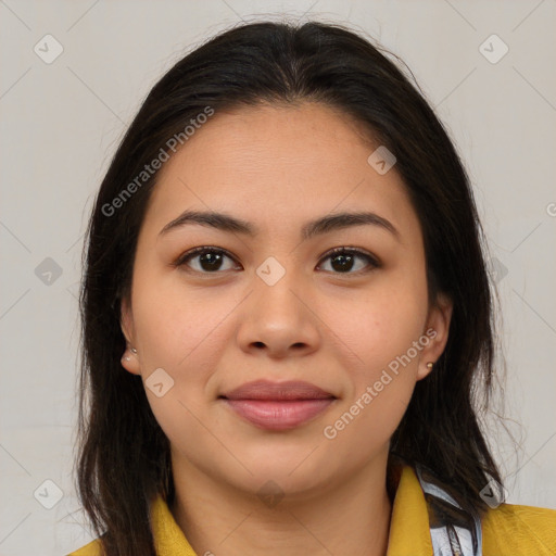 Joyful asian young-adult female with medium  brown hair and brown eyes