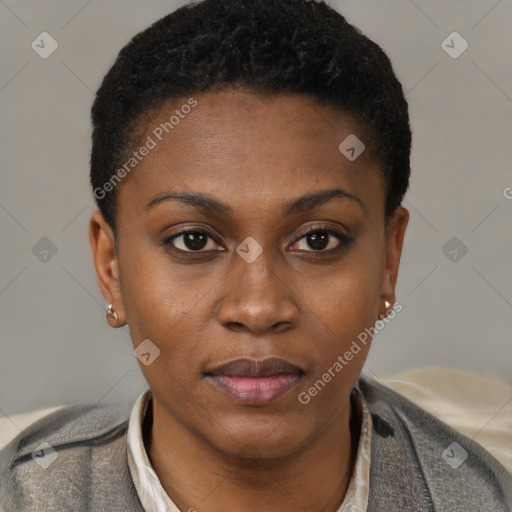 Neutral black young-adult female with short  black hair and brown eyes