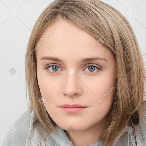 Neutral white young-adult female with medium  brown hair and grey eyes