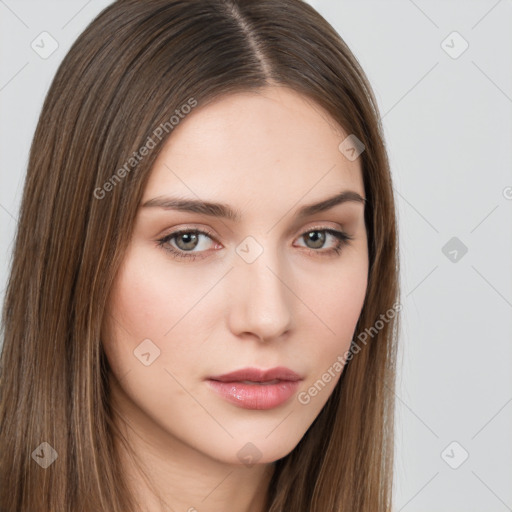 Neutral white young-adult female with long  brown hair and brown eyes