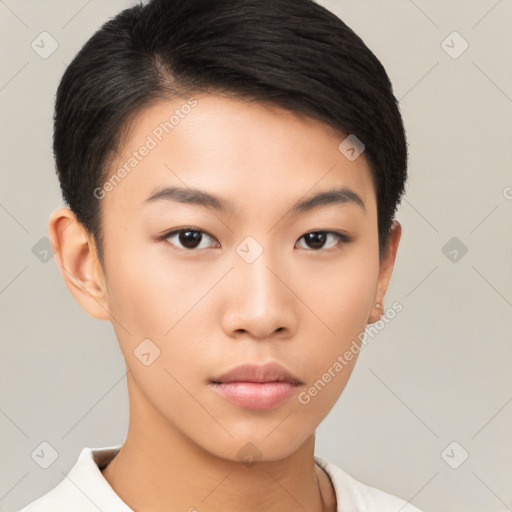 Neutral asian young-adult female with short  brown hair and brown eyes