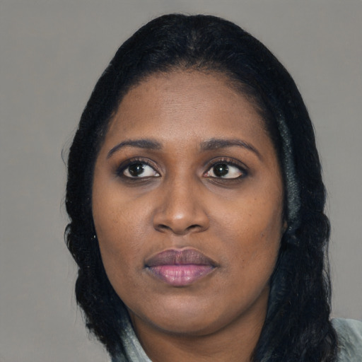 Joyful black young-adult female with long  black hair and brown eyes