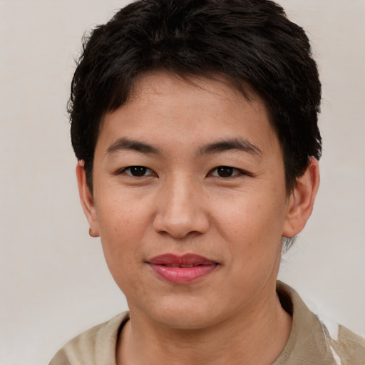Joyful asian young-adult male with short  brown hair and brown eyes
