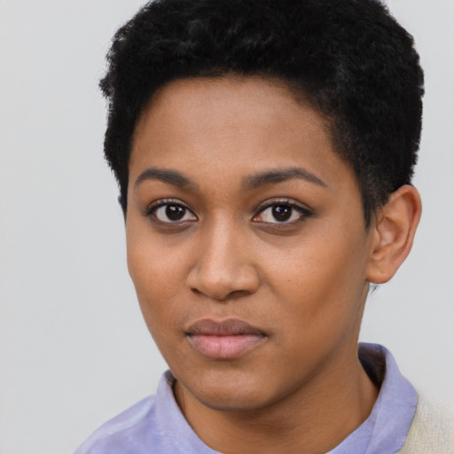 Neutral black young-adult female with short  black hair and brown eyes