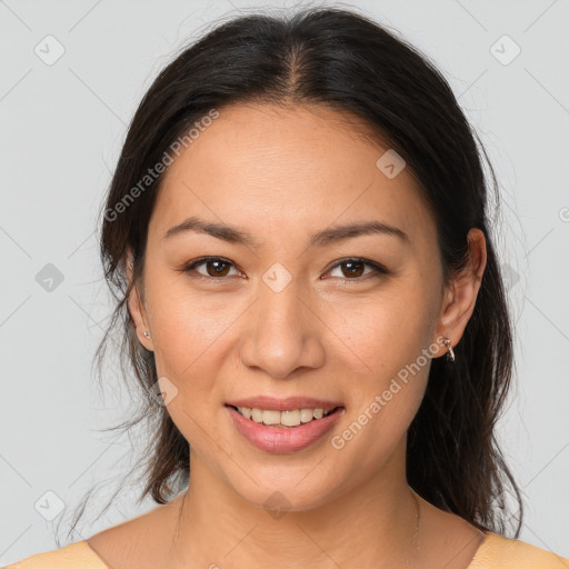 Joyful white young-adult female with medium  brown hair and brown eyes